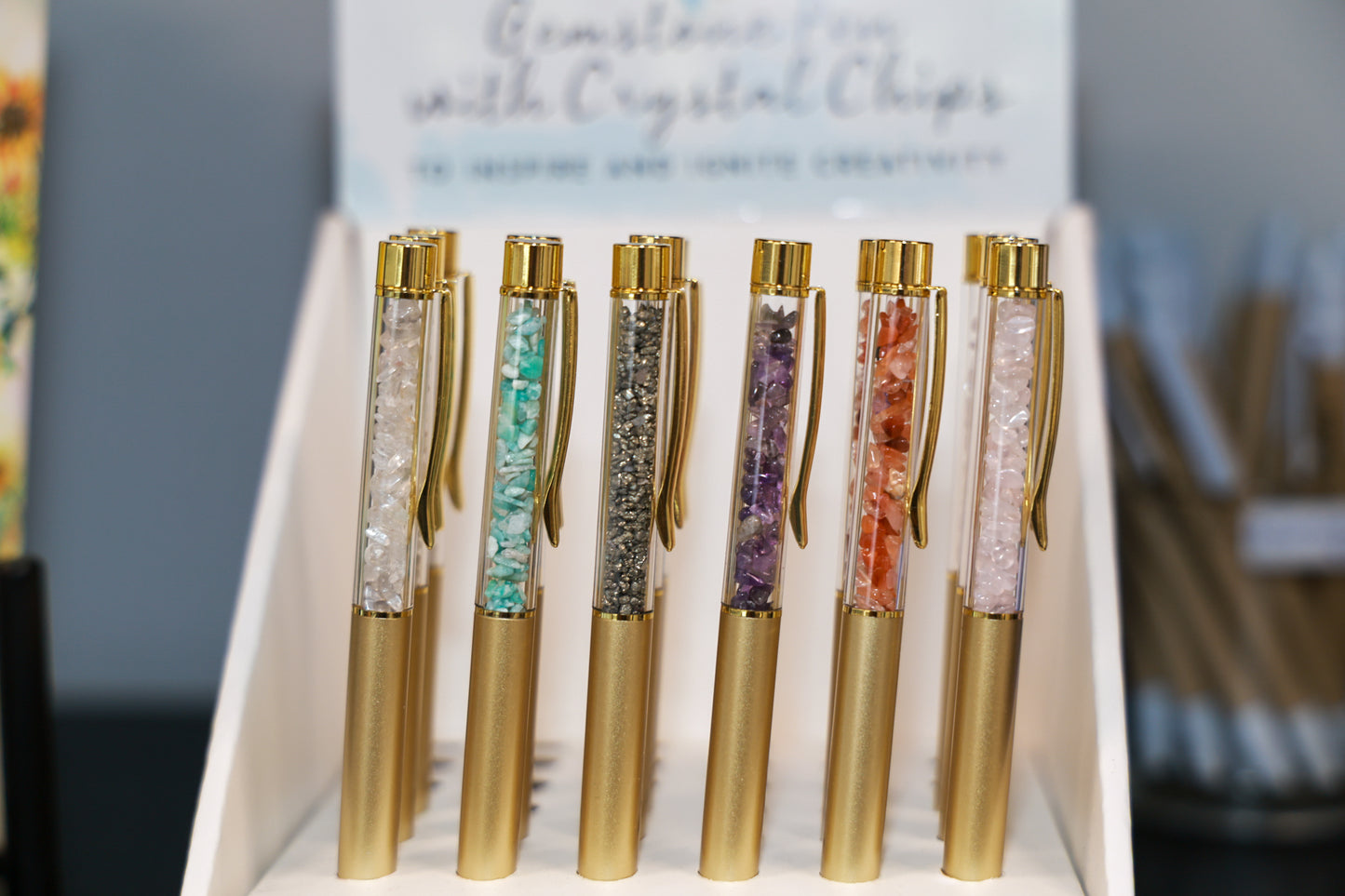 Edelsteen Pen – Goudkleurig | Gevuld met Amethist, Rozenkwarts, Bergkristal, Carneool, Pyriet of Amazoniet