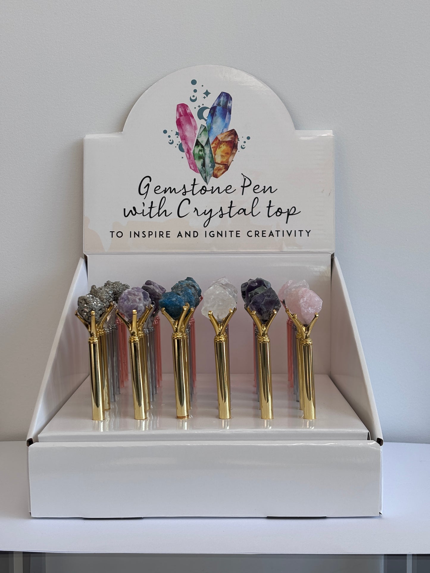 Edelsteen Pen – Rozenkwarts, Amethist, Fluoriet, Bergkristal, Pyriet of Apatiet