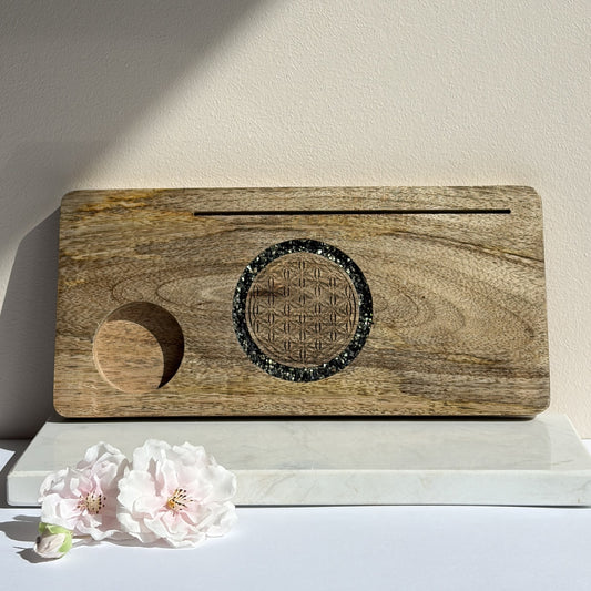 Kaarthouder Flower of Life met toermalijn en pyriet, mangohout, DiBA Mineralen