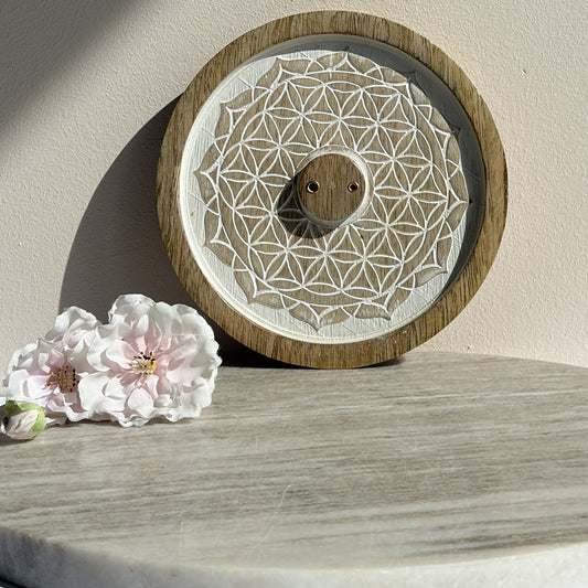 Wierookhouder Bloem des Levens mandala, whitewash mangohout