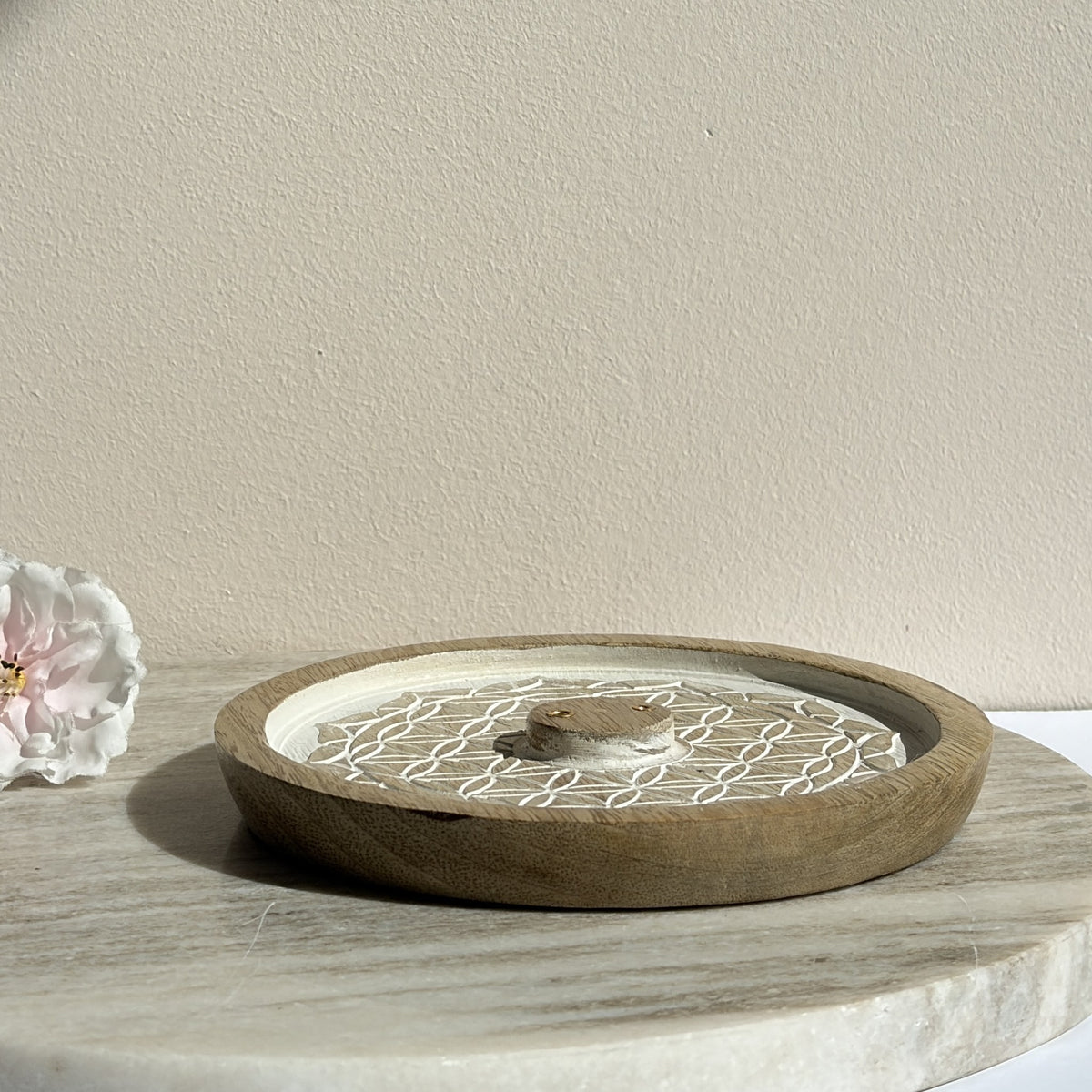 Wierookhouder Bloem des Levens mandala, whitewash mangohout