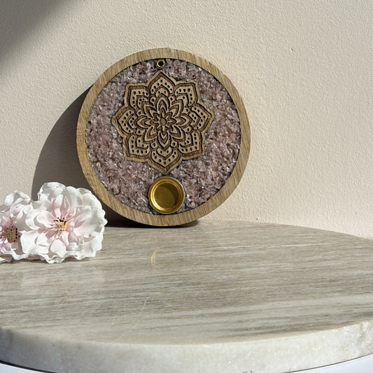 Wierookkegelhouder Mandala met rozenkwarts, mangohout