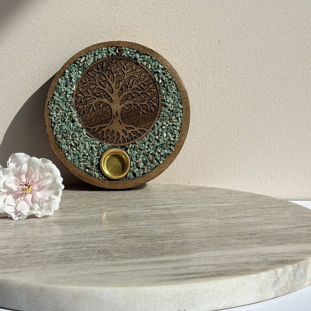 Wierookkegelhouder Tree of Life met amazoniet, mangohout